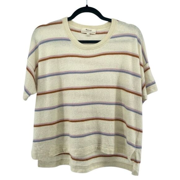 Madewell Heather Oatmeal Stripe Responsible Weightless Cashmere Sweater Tee MED - Picture 3 of 15